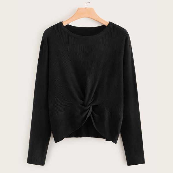 

Plus Twist Front Ribbed Knit Sweater, Black