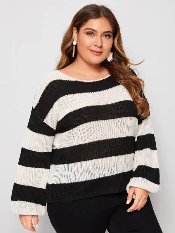 

Plus Block Striped Drop Shoulder Sweater, Black and white, Carol
