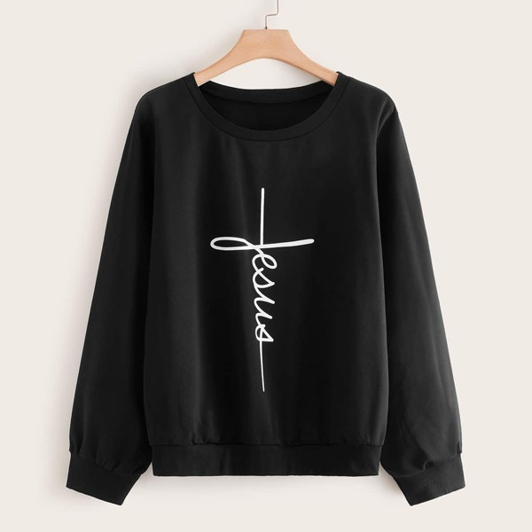 

Plus Letter Graphic Round Neck Sweatshirt, Black