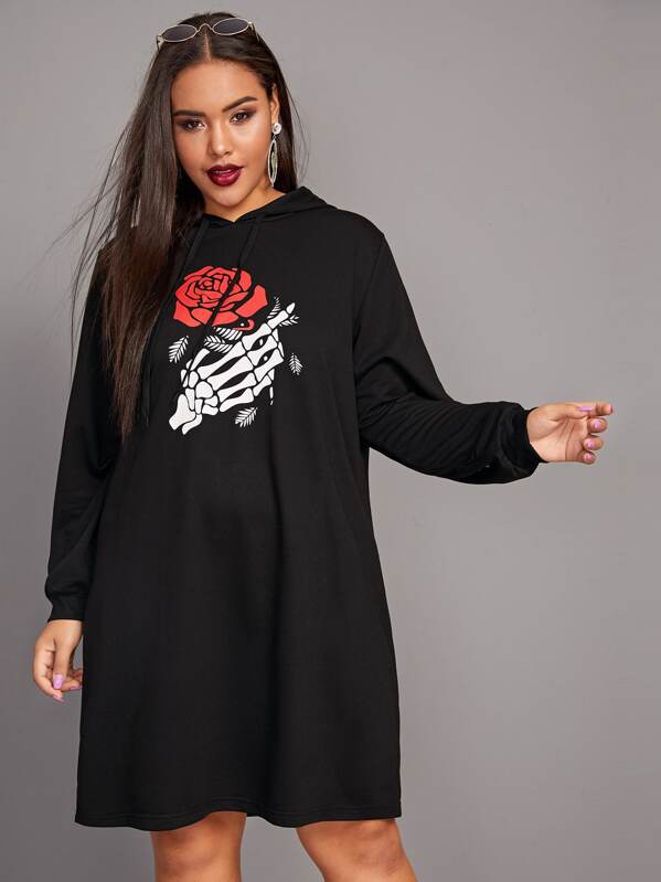 

Plus Skull Print Hooded Sweatshirt Dress, Black, Emilie