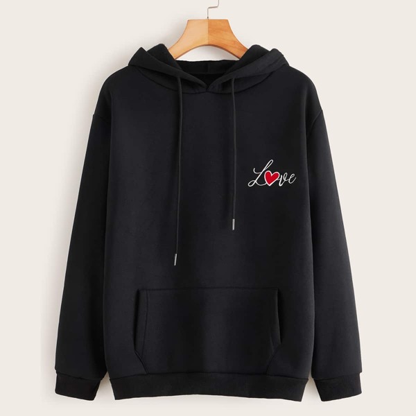 

Letter Graphic Kangaroo Pocket Drawstring Hoodie, Black