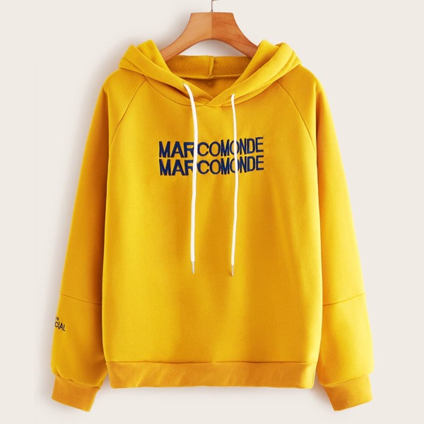 

Letter Embroidered Raglan Sleeve Drawstring Hoodie, Yellow bright