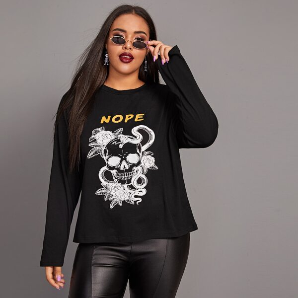 

Plus Letter & Skull Print Long Sleeve Tee, Black