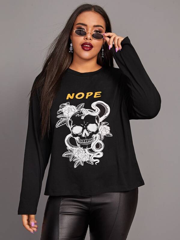 

Plus Letter & Skull Print Long Sleeve Tee, Black, Emilie