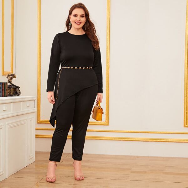 

Plus Solid Asymmetrical Hem Tee & Pants Set, Black