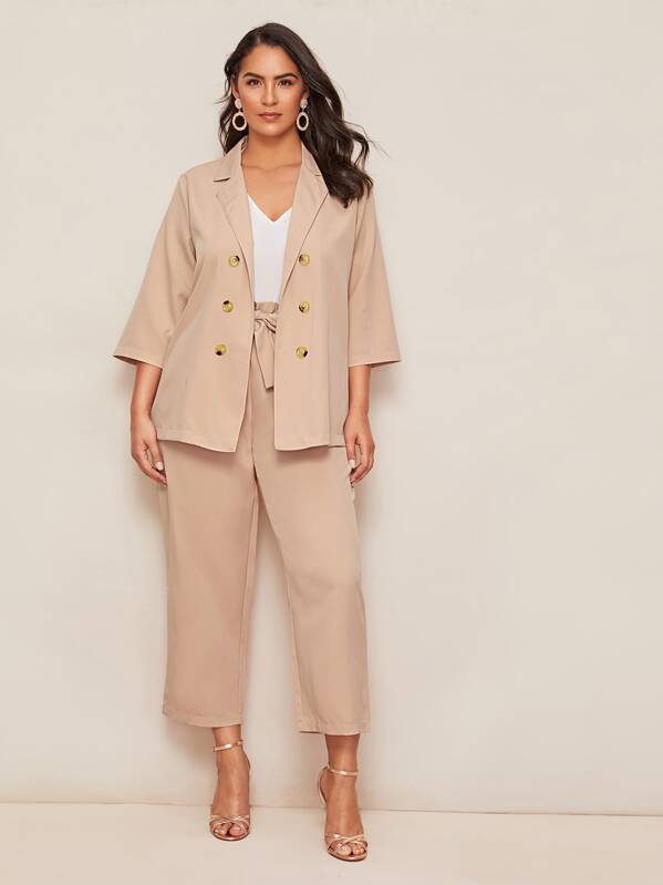 

Plus Solid Double Breasted Blazer & Paperbag Waist Pants, Beige, Ruiz Brianna