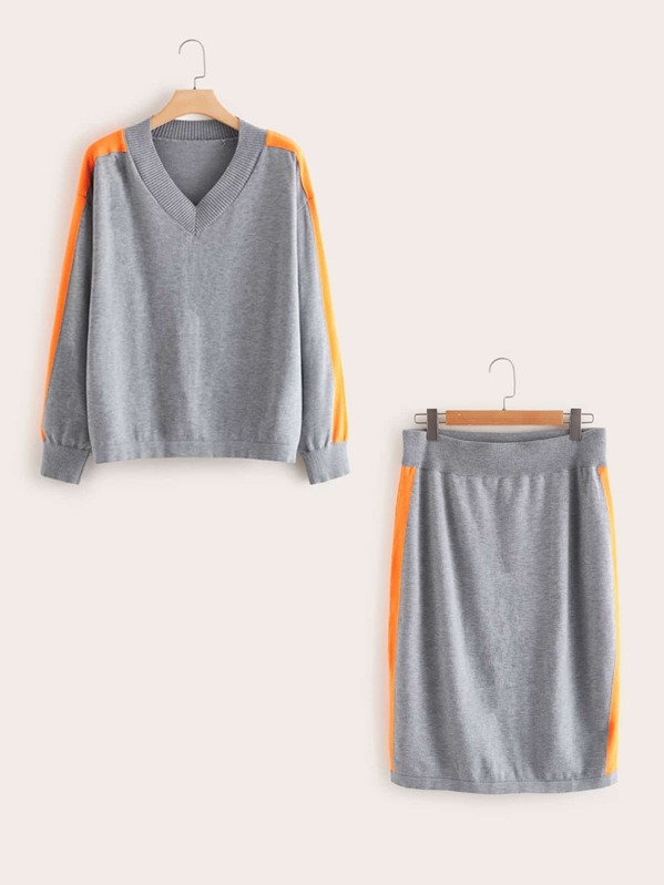 

Plus Colorblock Drop Shoulder Sweater & Sweater Skirt Set, Grey