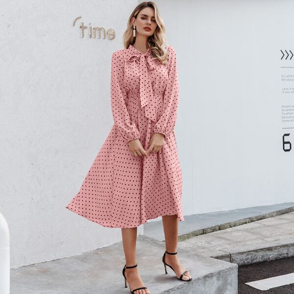 

Tie Neck Lantern Sleeve Polka Dot Dress, Pastel baby pink