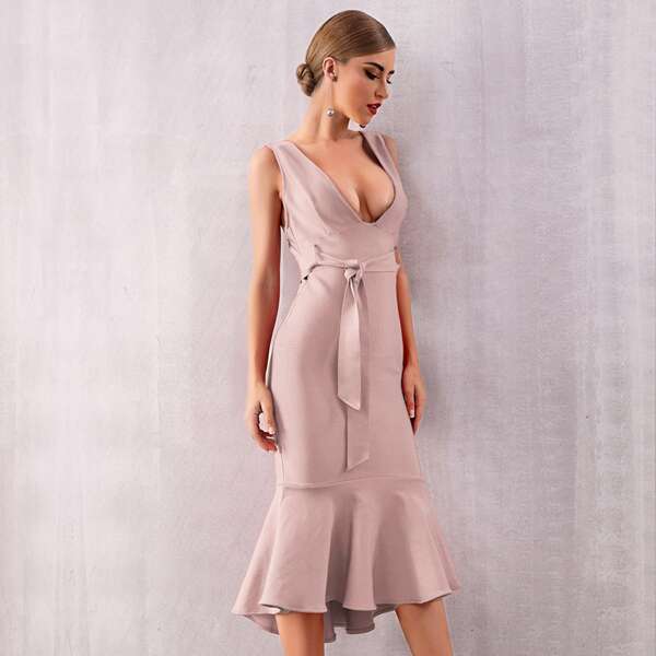 

Adyce Plunge Neck Mermaid Hem Belted Bandage Dress