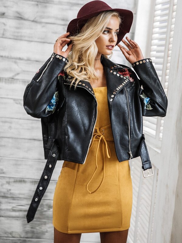

Simplee Embroidered Flower Studded PU Biker Jacket, Black