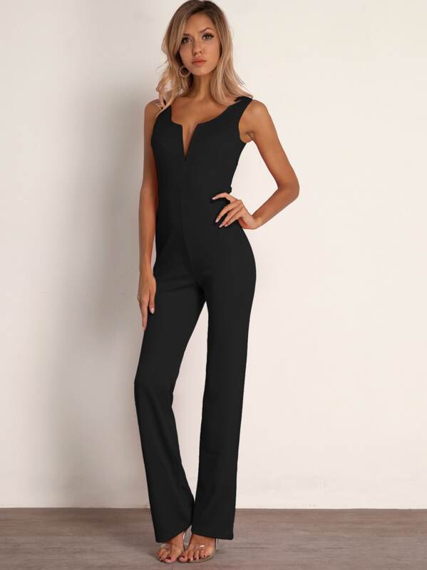 

Joyfunear Notched Neckline Straight Leg Jumpsuit, Black