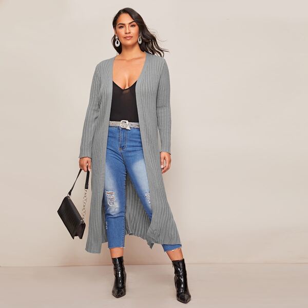 

Plus Split Side Rib-knit Longline Cardigan, Grey
