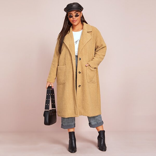 

Plus Patch Pocket Front Button Up Teddy Coat