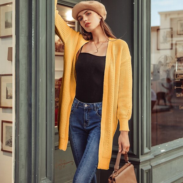 

Simplee Drop Shoulder Eyelet Knit Split Side Cardigan, Yellow