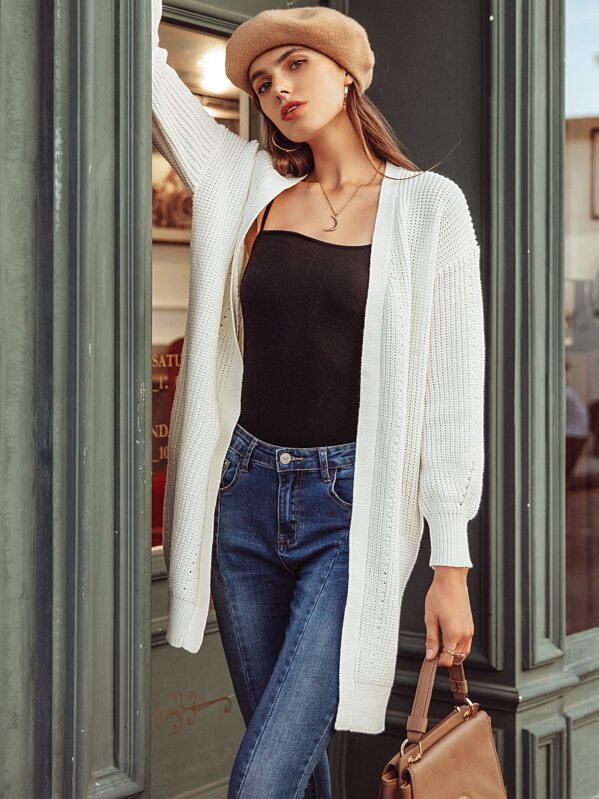 

Simplee Drop Shoulder Eyelet Knit Split Side Cardigan, White