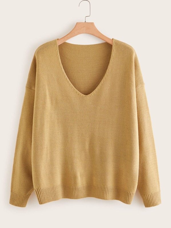 

Plus V-neck Drop Shoulder Jumper, Camel