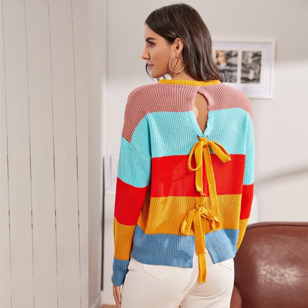 

Tied Split Back Color Block Sweater, Multicolor bright