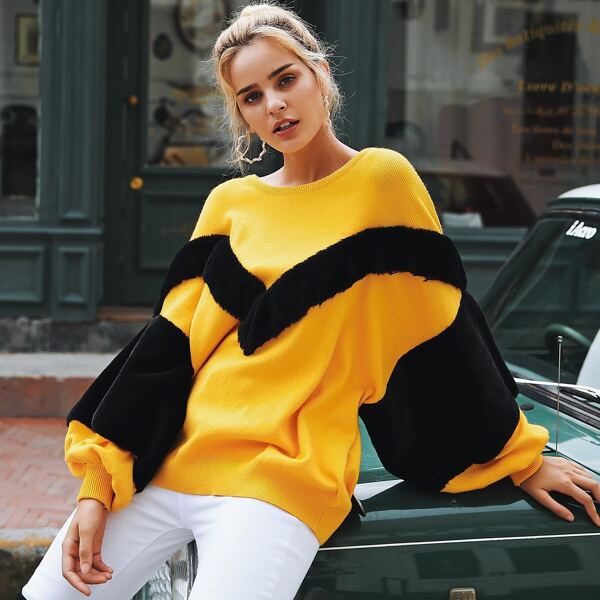 

Simplee Faux Fur Detail Exaggerate Lantern Sleeve Jumper