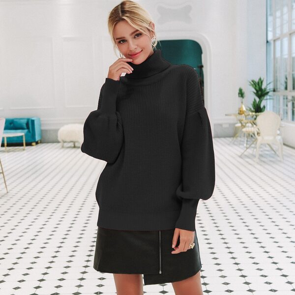 

Simplee Turtleneck Drop Shoulder Balloon Sleeve Jumper, Black
