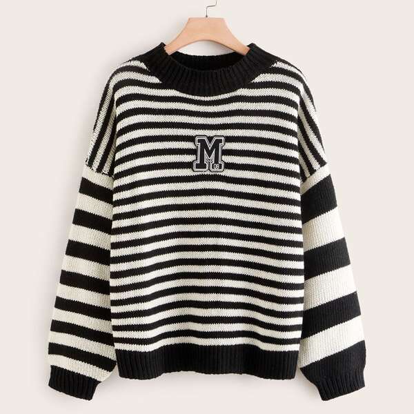 

Plus Letter Patched Striped Sweater, Black and white