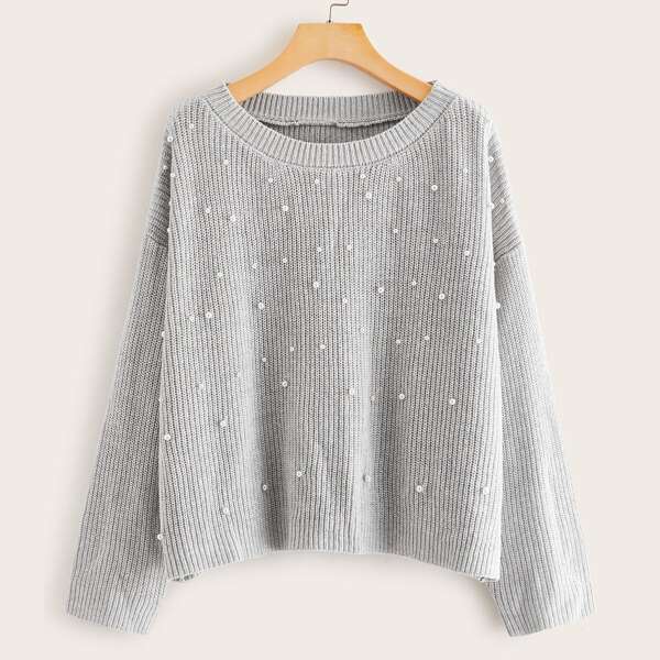 

Pearls Beaded Ribbed Knit Jumper, Grey