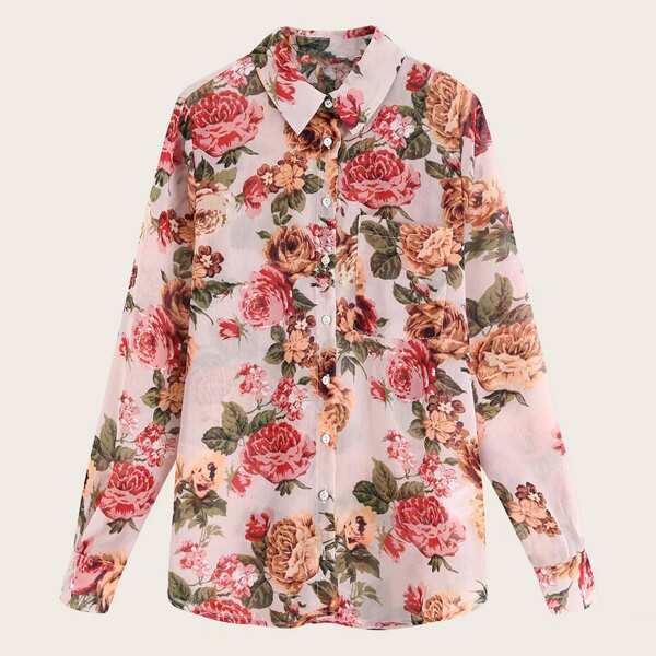 

Floral Graphic Button Cuff Chiffon Blouse, Multicolor