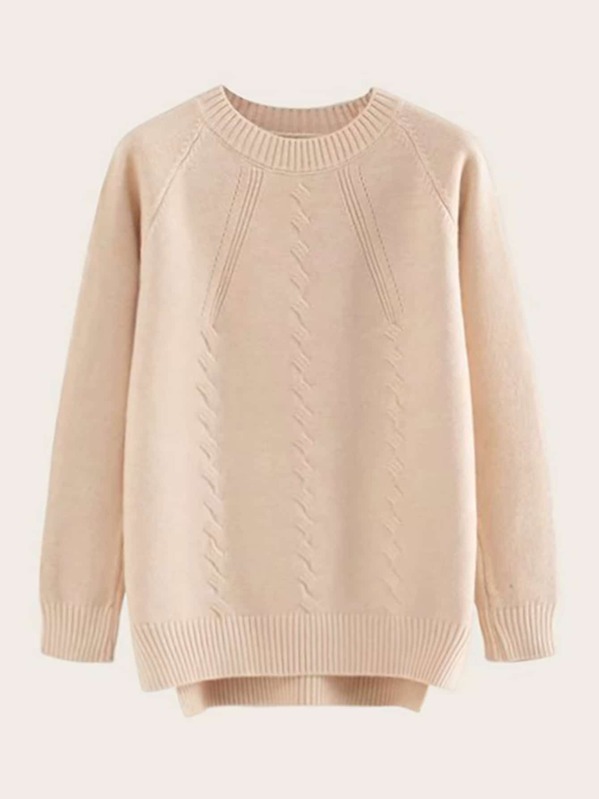 

High Low Split Hem Raglan Sleeve Sweater, Beige