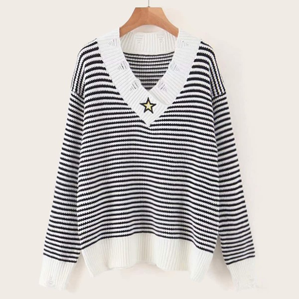 

V Neck Striped Star Pattern Ripped Sweater