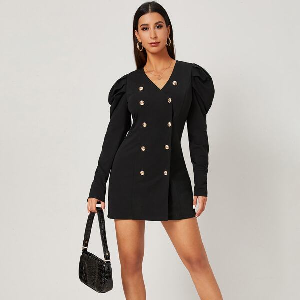 

Double Button Puff Sleeve Blazer Dress, Black