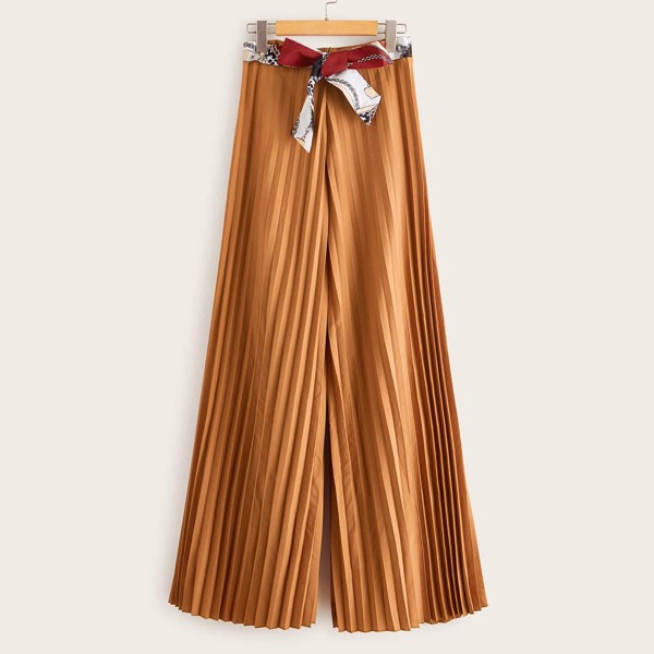 

Pleated Wide Leg Chain Print Belted Pants, Yellow