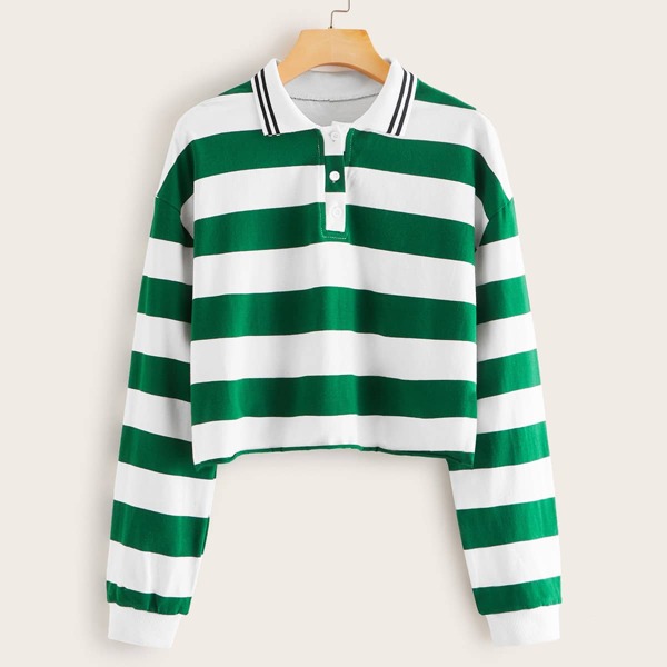 

Drop Shoulder Striped Crop Polo Collar Tee, Multicolor