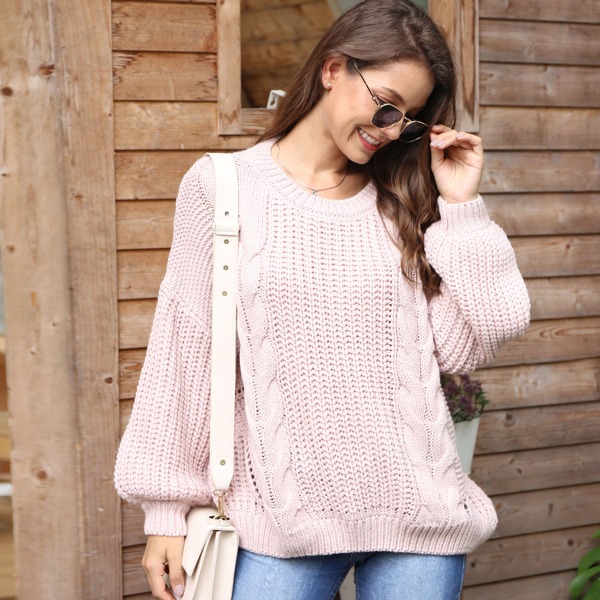 

Cable Knit Drop Shoulder Sweater, Pink pastel