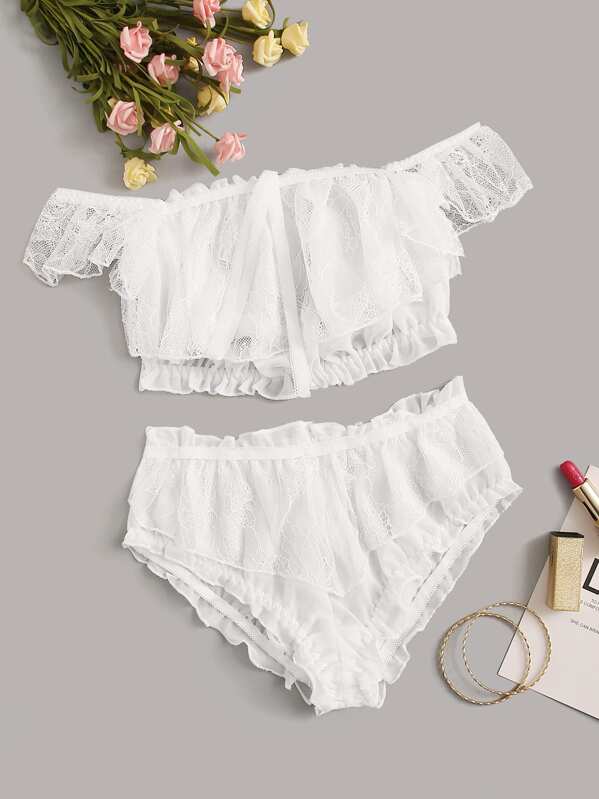 

Floral Lace Lettuce Trim Lingerie Set, White