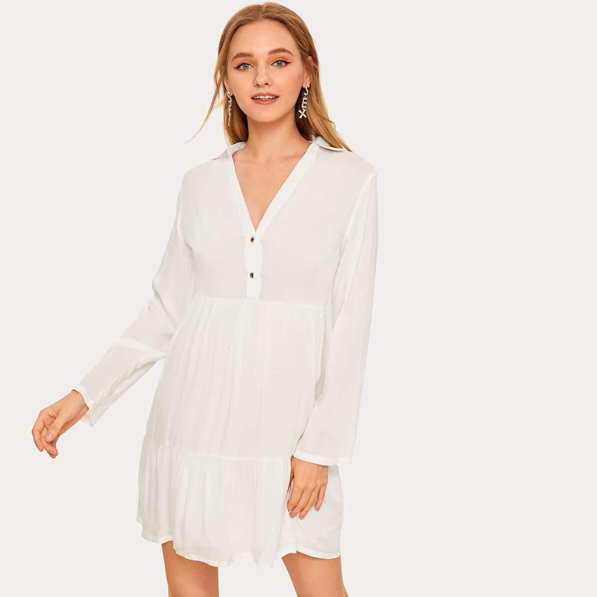 

Solid V-neck Ruffle Hem Shirt Dress, White