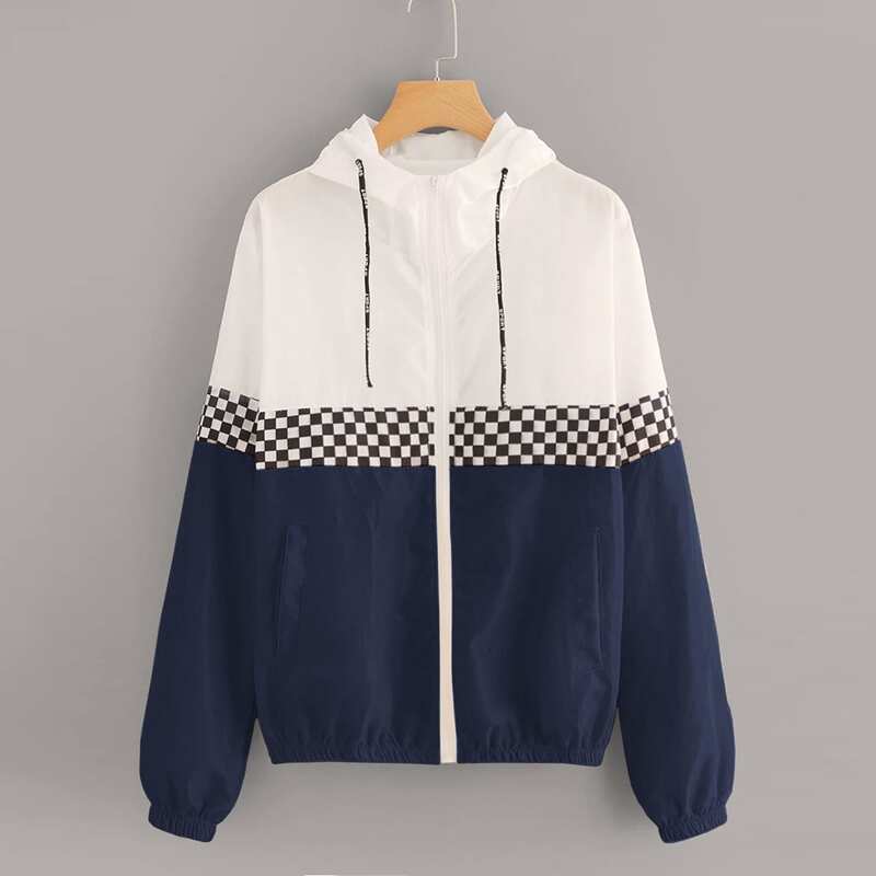 

Contrast Checkerboard Zip-up Windbreaker Jacket, Multicolor