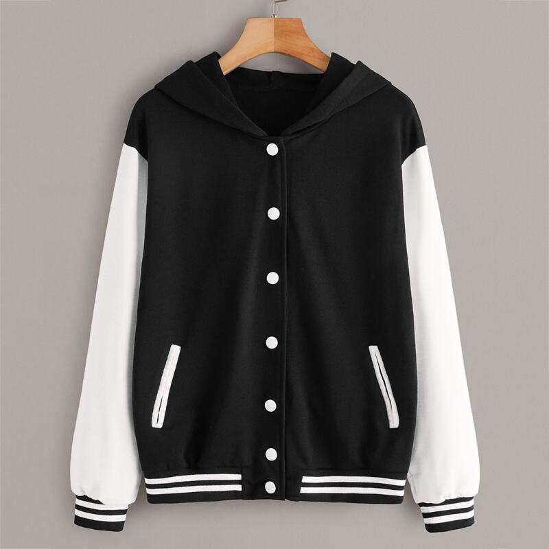 

Contrast Panel Striped Trim Hooded Baseball Jacket, Black and white