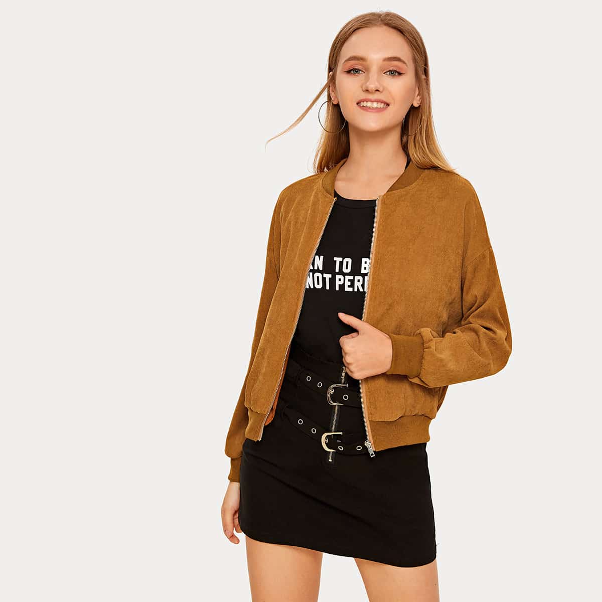 

Solid Zip-up Corduroy Bomber Jacket, Brown
