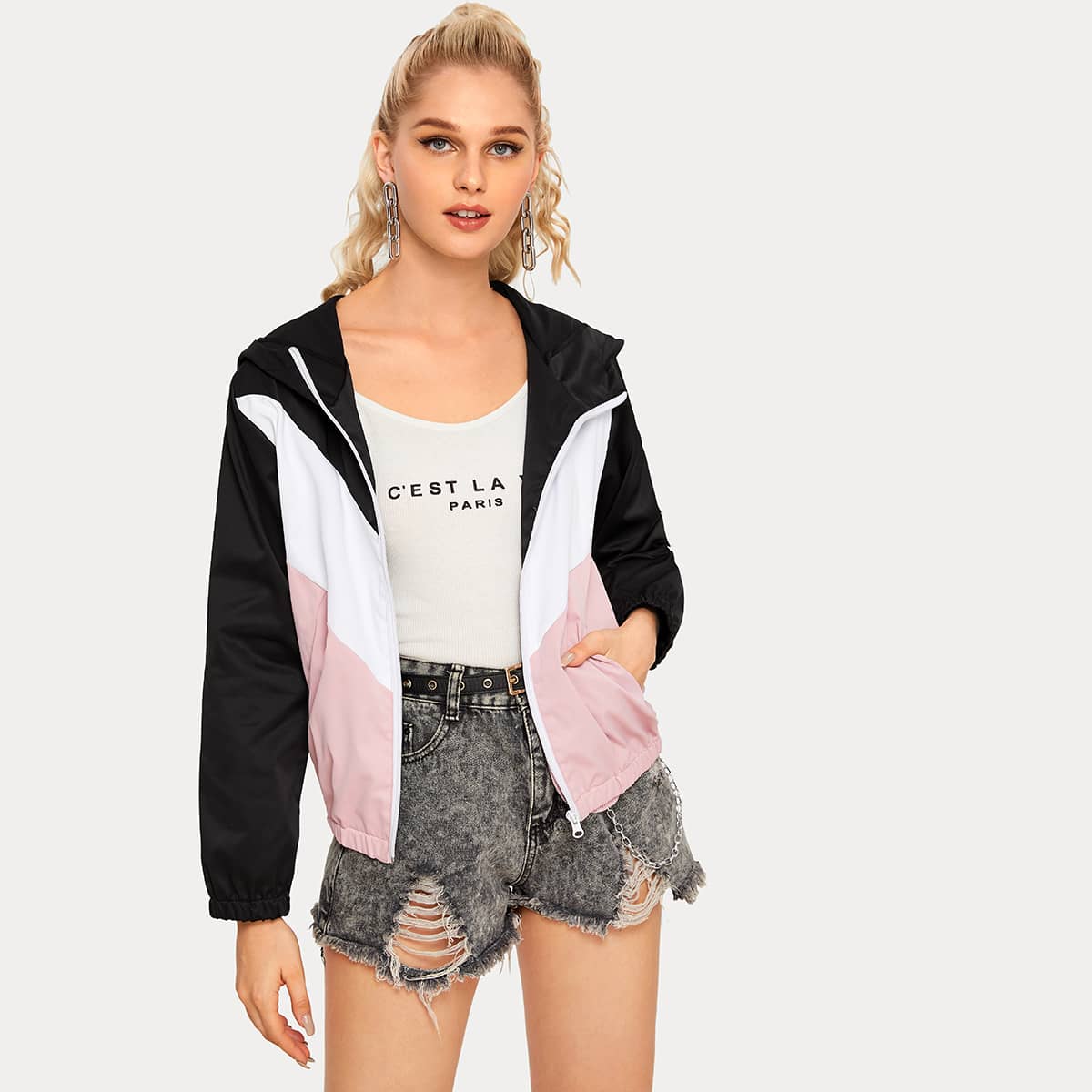 

Cut And Sew Panel Zip-up Windbreaker Jacket, Multicolor