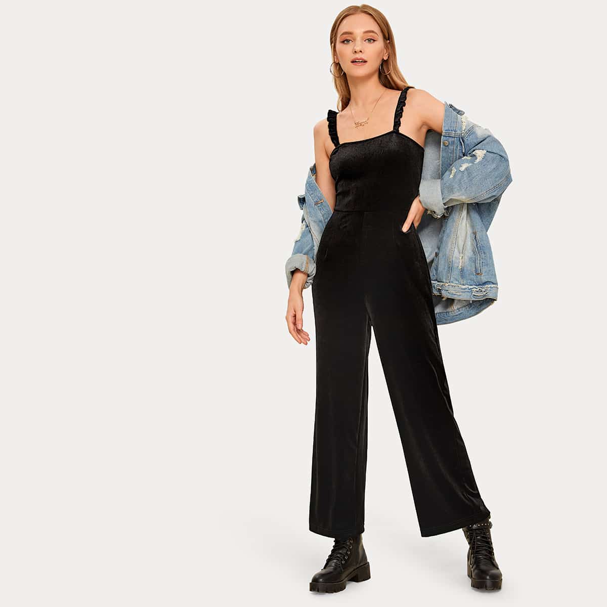 

Velvet Straight Leg Cami Jumpsuit, Black
