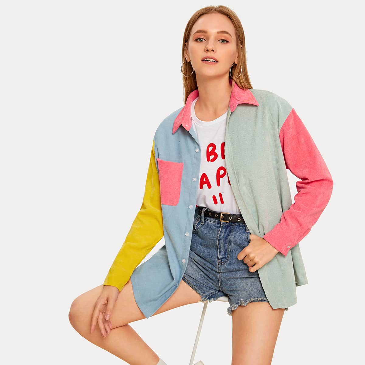 

Color-block Pocket Front Corduroy Coat, Multicolor