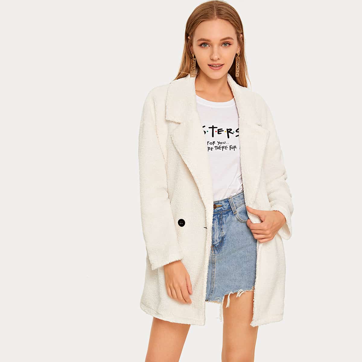 

Solid Lapel Collar Teddy Coat, Beige