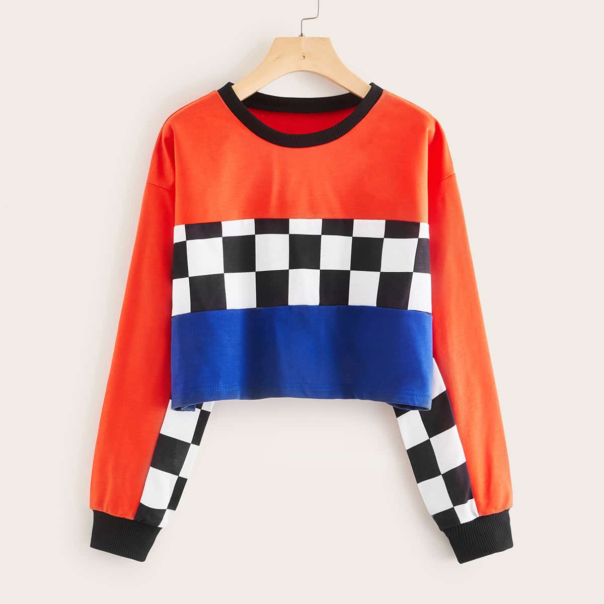 

Color-block Checkerboard Panel Crop Sweatshirt, Multicolor