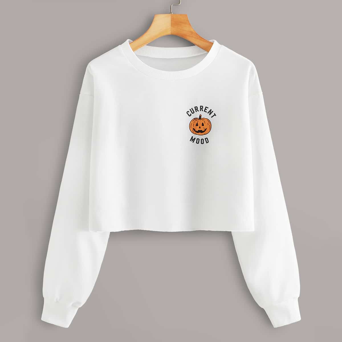 

Halloween Print Round Neck Crop Sweatshirt, White
