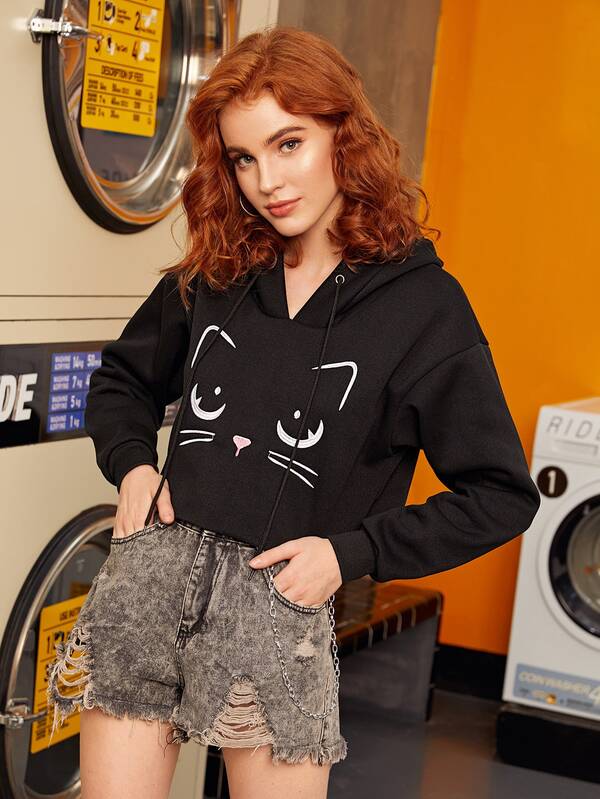 contrast cat ear cartoon print hoodie
