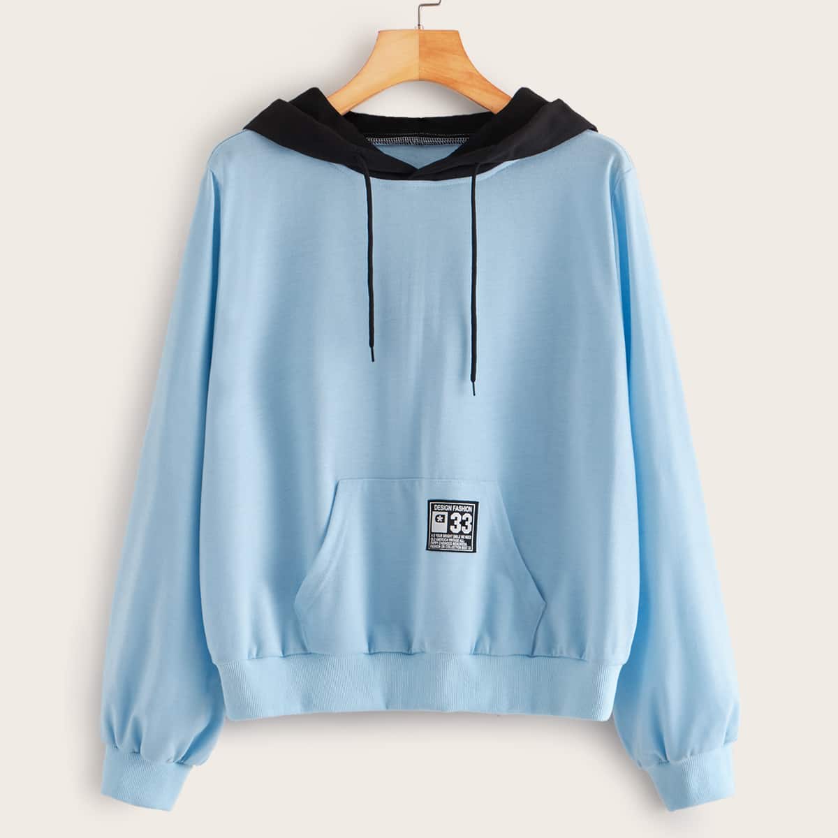 

Contrast Panel Kangaroo Pocket Drawstring Hoodie, Blue