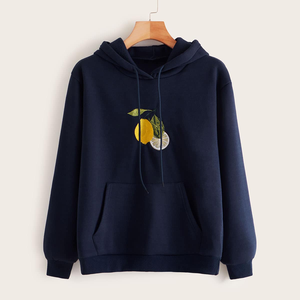 

Lemon Embroidery Kangaroo Pocket Hoodie, Navy
