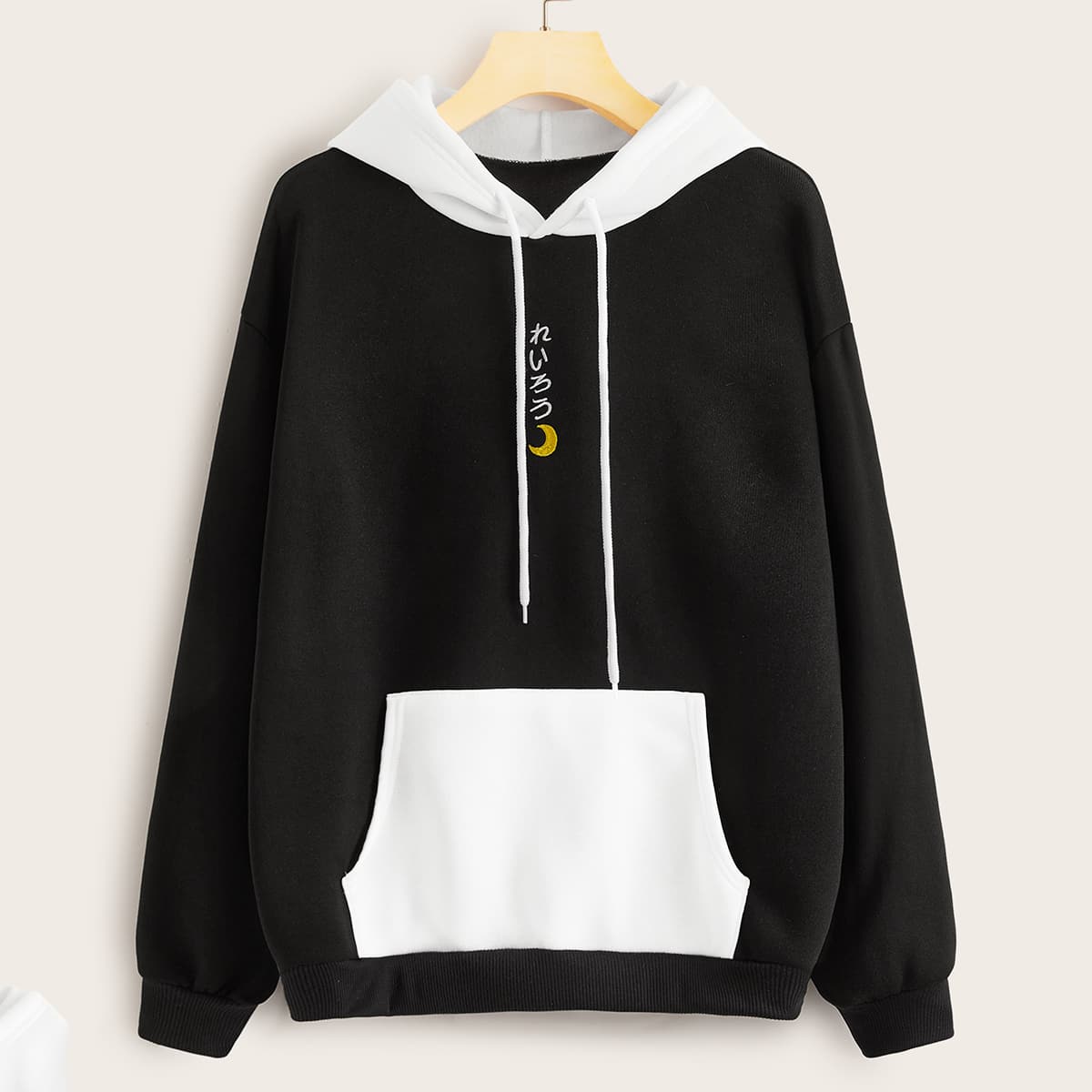 

Color-block Letter Embroidery Kangaroo Pocket Hoodie, Black