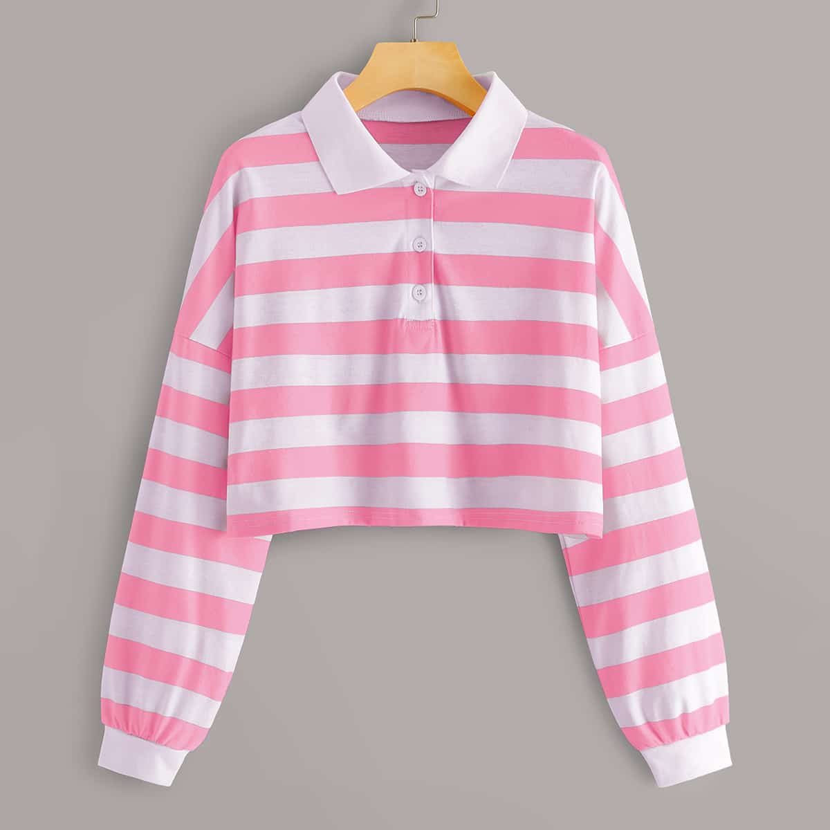 

Striped Polo Neck Crop Tee, Pink
