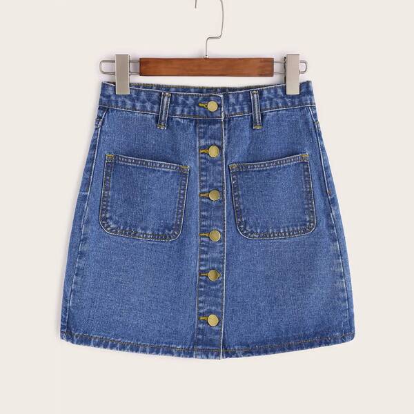 

Single Breasted Dual Pockets Denim Skirt, Blue