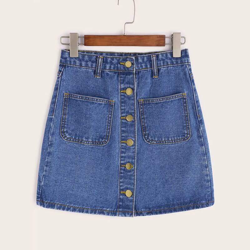 

Single Breasted Dual Pockets Denim Skirt, Blue